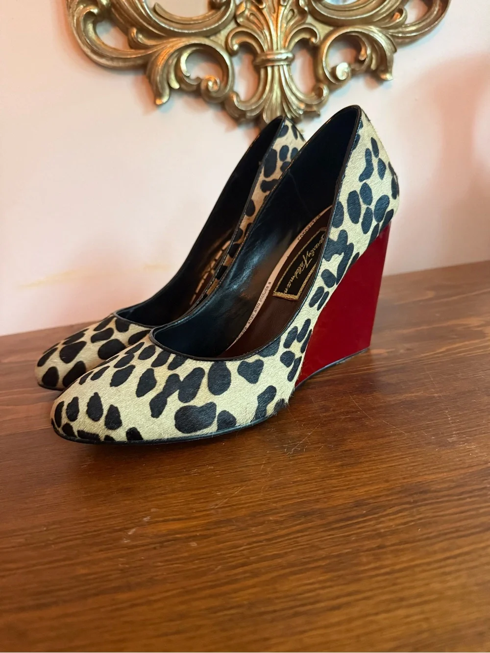 Leopard Print Calf Hair Wedge Pump with Red Heel